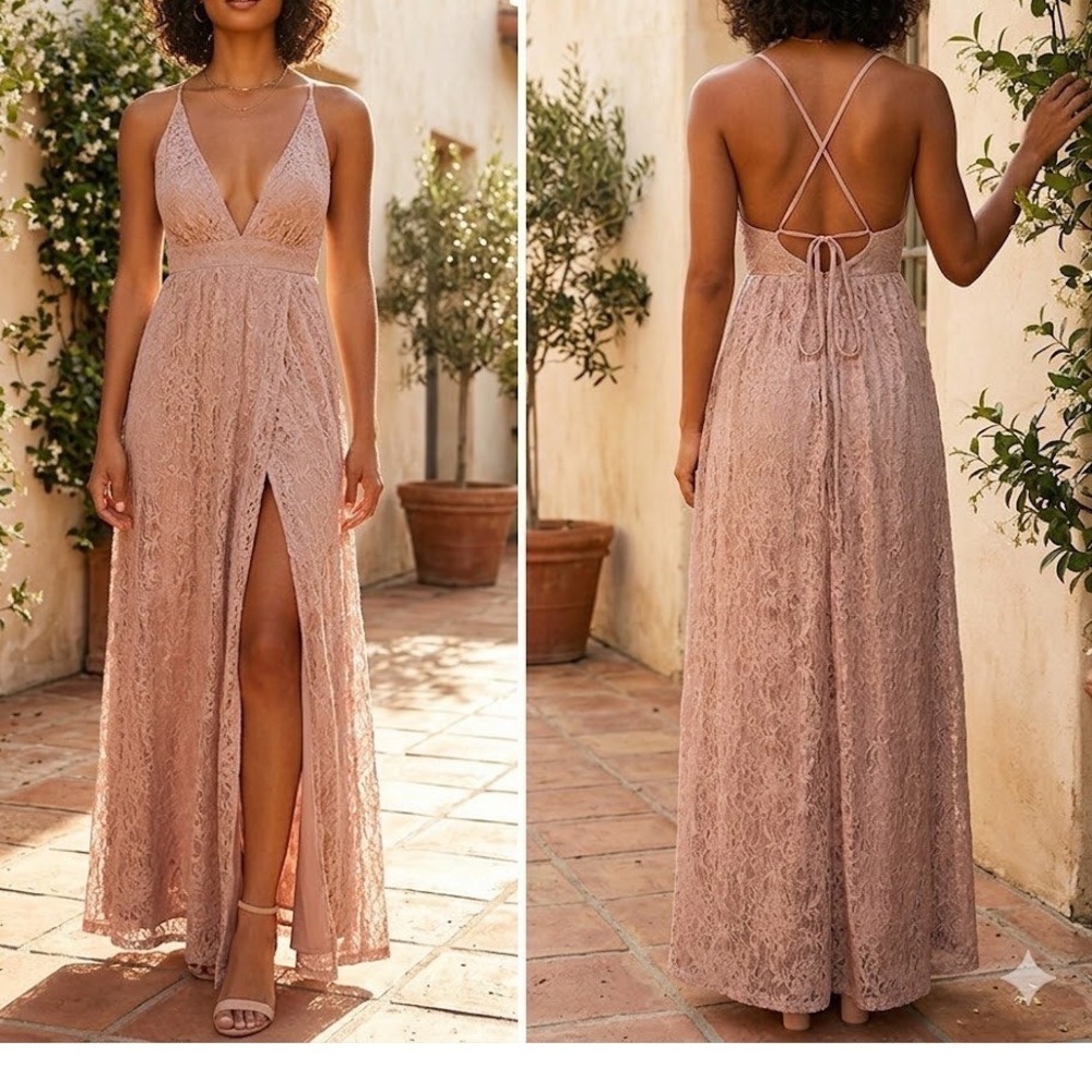 Lulus Fairy Babydoll Dusty Pink Cream Lace Maxi Coquette Dress Ethereal Gown M